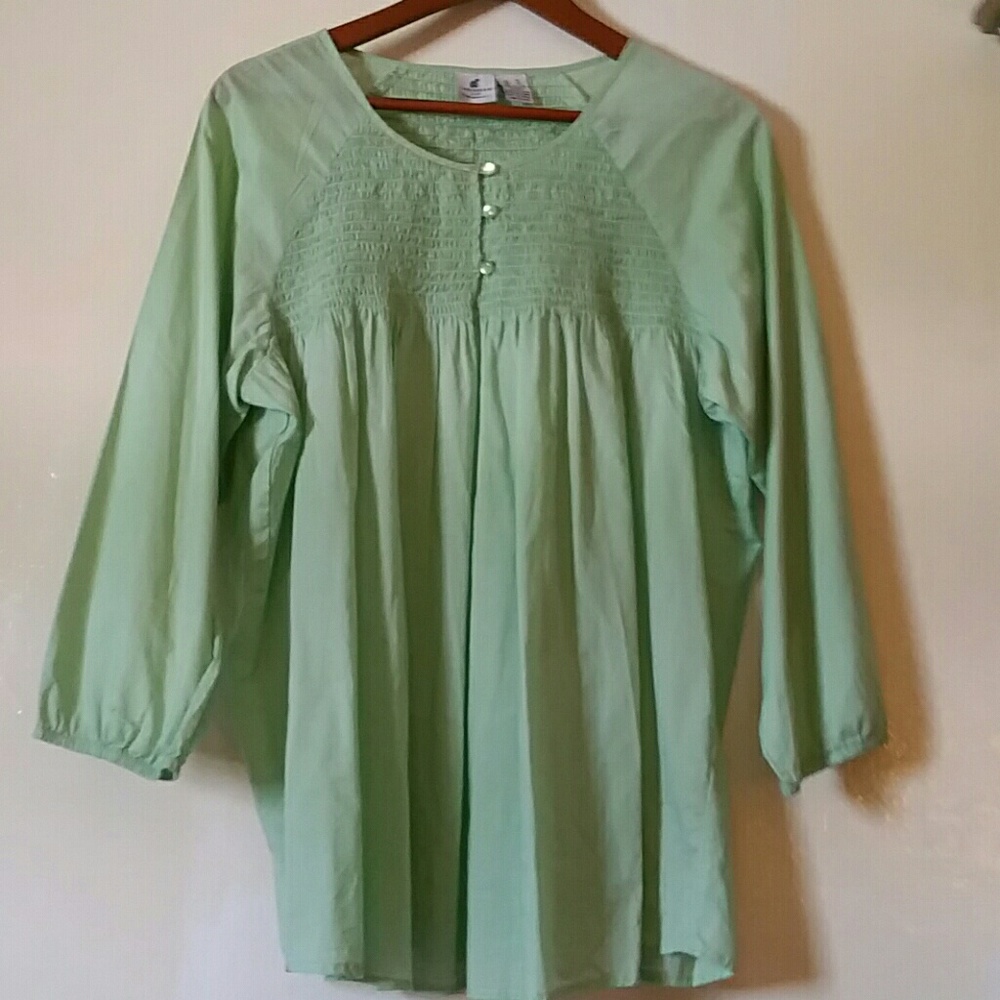 Caribbean Joe Sea Foam Green Smocked Front Blouse